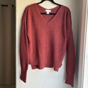Womens Large V Neck Sweater Rust Red Textured Waffle Knit Long Sleeve Cozy Fall